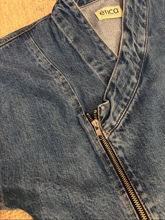 Etica Medium Blue Longline Asymmetric Denim Jacket NWOT - Picture 7 of 12